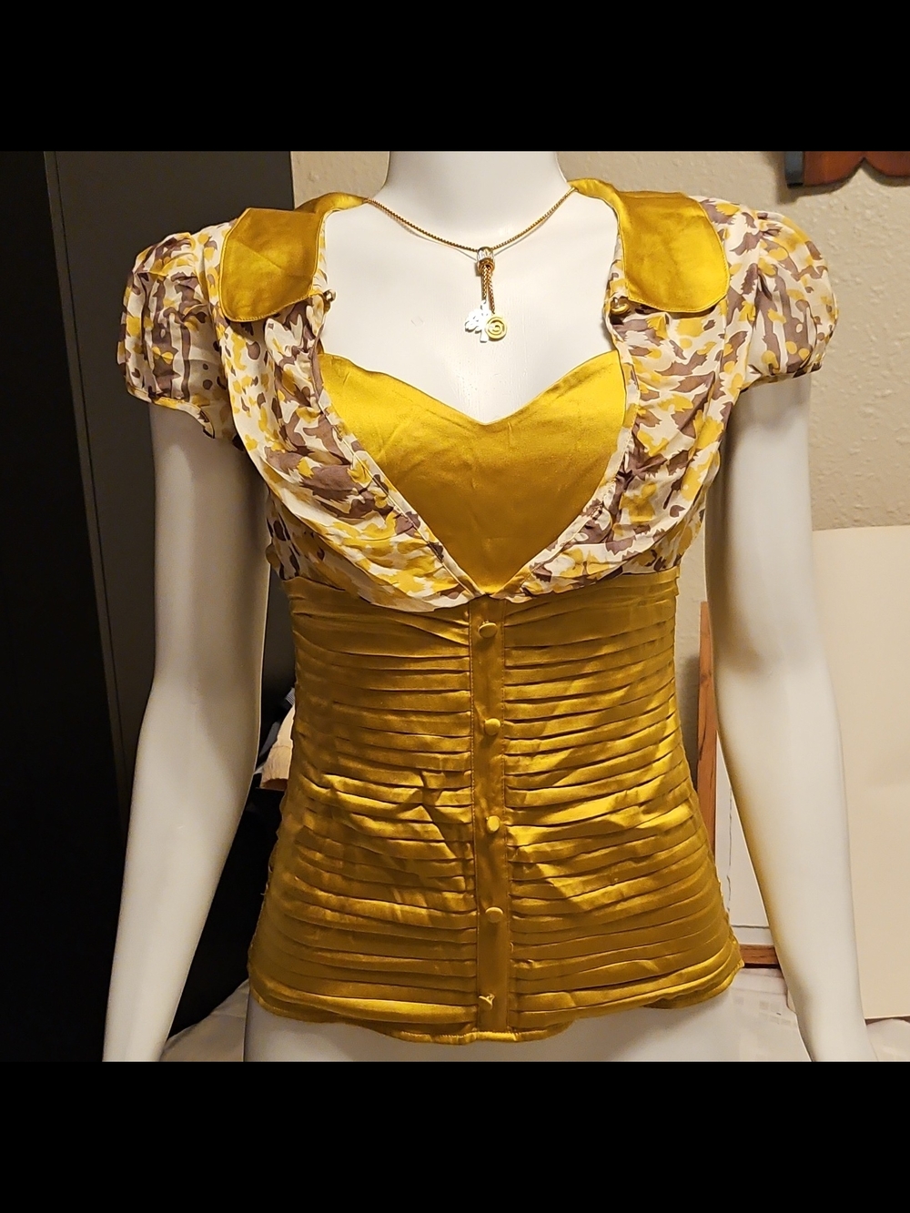 Arden B Mustard Yellow Satin Bustier Blouse with Printed Overlay